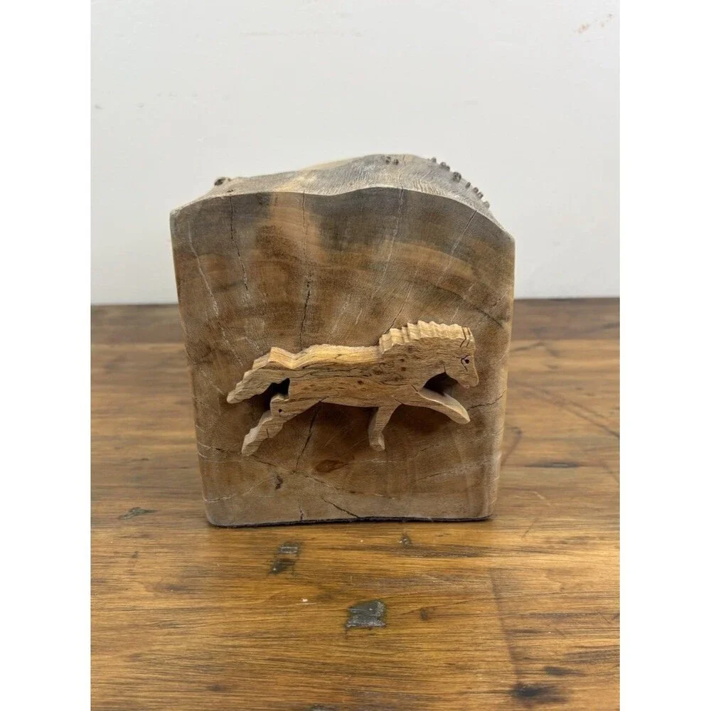 Jeff Trag Signed Wood Horse Puzzle Jewelry Box Vintage Hidden Drawer Live Edge